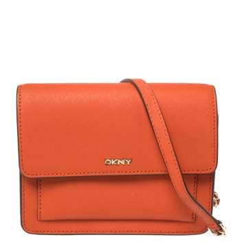 Pre Owned Dkny Orange Leather Flap Chain Crossbody Bag