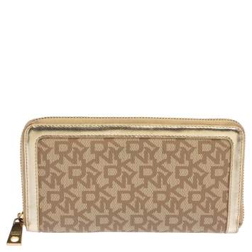 Pre Owned DKNY Beige Signature Coated Canvas and Leather Zip Around Wallet