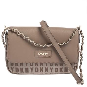 Pre Owned Dkny Dark Beige Monogram Canvas and Leather Logo Flap Chain Crossbody Bag