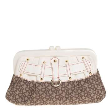 Pre Owned DKNY Beige/Brown Signature Canvas and Leather Kisslock Frame Clutch