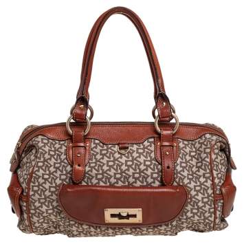 Pre Owned DKNY Beige/Brown Signature Canvas and Leather Satchel