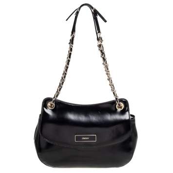 Pre Owned DKNY Black Faux Leather Flap Chain Shoulder Bag