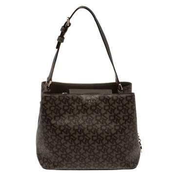 Pre Owned Dkny Brown/Beige Signature Coated Canvas Bryant Bucket Bag