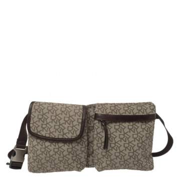 Pre Owned Dkny Brown/Beige Monogram Canvas and Leather Trim Belt Bag