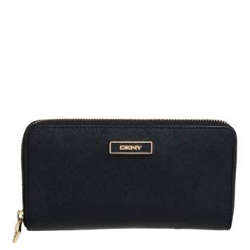 Pre Owned DKNY Black Leather Zip Around Wallet