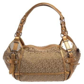 Pre Owned DKNY Gold/Beige Signature Fabric and Leather Satchel
