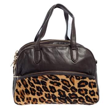 Pre Owned DKNY Dark Brown/Beige Leopard Print Calfhair and Leather Double Zip Satchel
