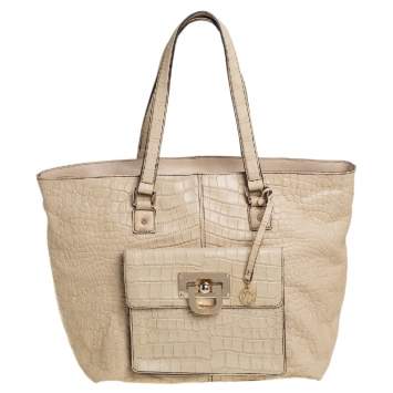 Pre Owned DKNY Cream Croc Embossed Leather Front Pocket Tote