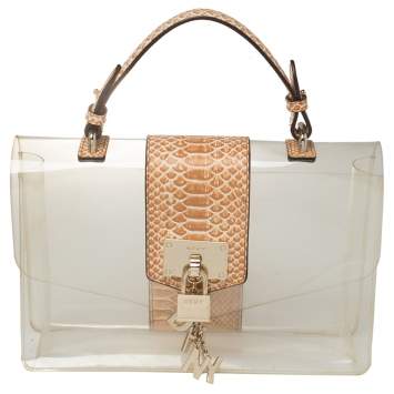 Pre Owned DKNY Beige PVC and Python Embossed Leather Elissa Clear Top Handle Bag