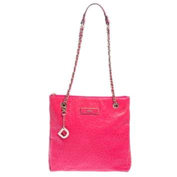 Pre Owned DKNY Hot Pink Ostrich Embossed Leather Chain Shoulder Bag