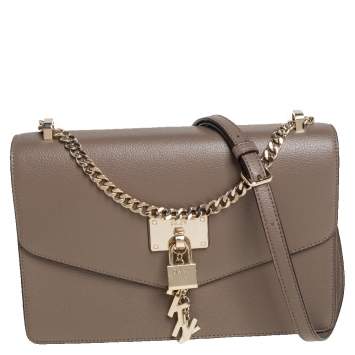 Pre Owned DKNY Dark Beige Leather Padlock Flap Shoulder Bag