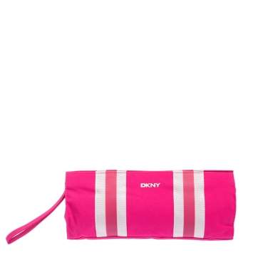 Pre Owned Dkny Pink/White Logo Stripe Nylon Wristlet Pouch