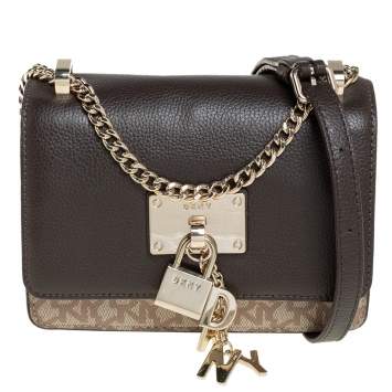 Pre Owned Dkny Brown/Beige Signature Coated Canvas and Leather Small  Elisa Crossbody Bag