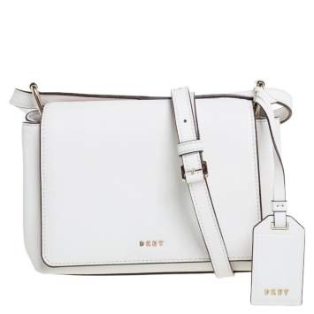 Pre Owned DKNY White Leather Logo Flap Crossbody Bag