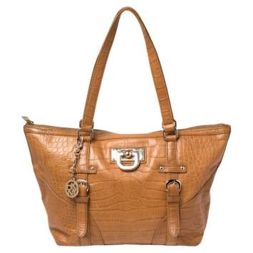 Pre Owned DKNY Brown Croc Embossed Leather Tote