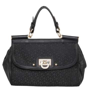 Pre Owned DKNY Black Signature Canvas And Leather Flap Lock Top Handle Bag