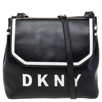 Pre Owned DKNY Black/White Leather Logo Embellished Shoulder Bag