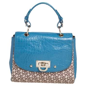 Pre Owned DKNY Signature Canvas and Croc Embossed Leather Flap Lock Top Handle Bag