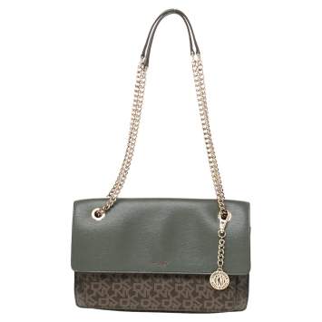 Pre Owned Dkny Green/Brown Signature Coated Canvas and Leather Flap Chain Bag