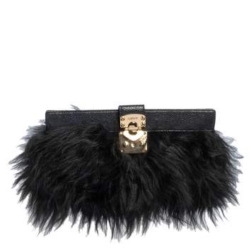Pre Owned Dkny Black/Navy Blue Leather and Faux Fur Pushlock Flap Clutch
