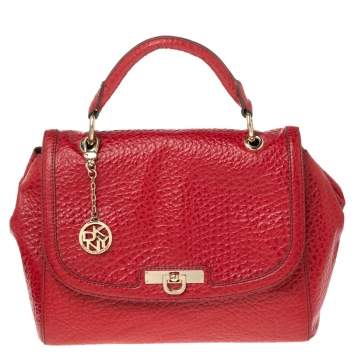 Pre Owned DKNY Red Textured Leather Flap Top Handle Bag