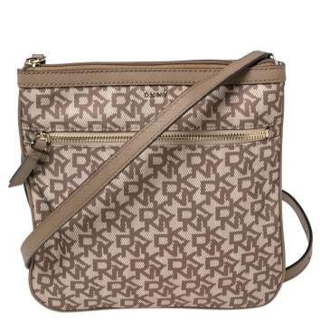 Pre Owned Dkny Beige/Brown Signature Nylon and Leather Crossbody Bag