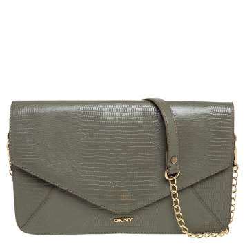 Pre Owned DKNY Green Lizard Embossed Leather Envelope Chain Clutch