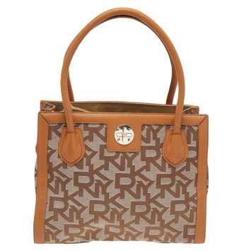 Pre Owned DKNY Beige/Tan Signature Canvas and Leather Tote