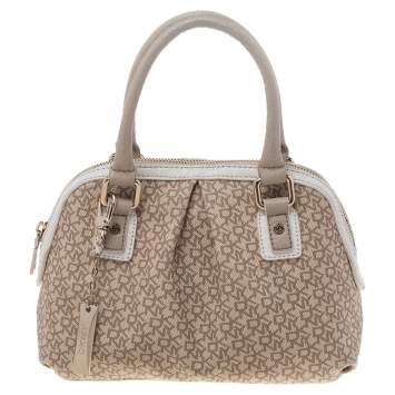 Pre Owned Dkny Beige/White Signature Coated Canvas and Leather Dome Satchel
