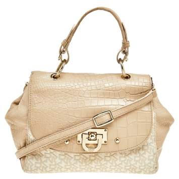Pre Owned Dkny Beige/White Signature Coated Canvas And Leather Satchel 