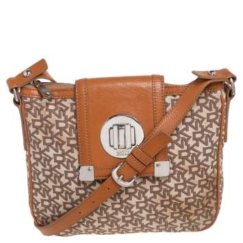 Pre Owned Dkny Beige/Tan Signature Canvas and Leather Crossbody Bag