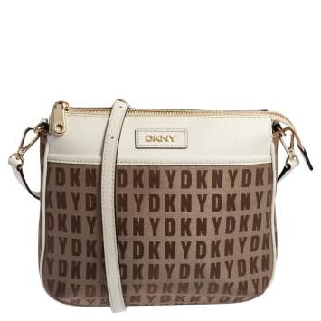 Pre Owned DKNY White/Beige Signature Fabric and Leather Shoulder Bag