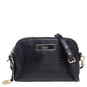 Pre Owned Dkny Black Shinny Lizard Embossed Leather Dome Crossbody Bag