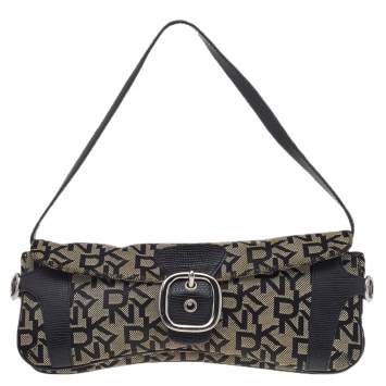 Pre Owned DKNY Brown/ Beige Signature Canvas And Embossed Lizard Leather Shoulder Bag 