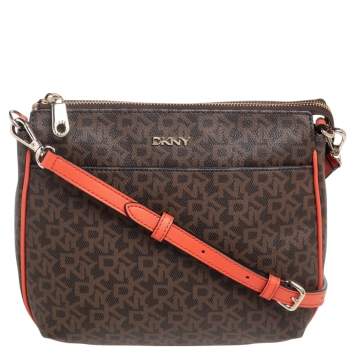 Pre Owned Dkny Orange/Brown Signature Coated Canvas and Leather Trim Messenger