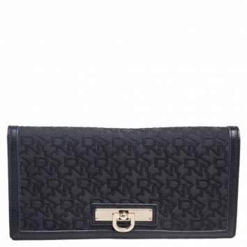 Pre Owned Dkny Black Signature Canvas and Leather Long Wallet