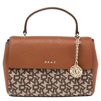 Pre Owned DKNY Brown/Beige Signature Canvas and Leather Noho Flap Shoulder Bag