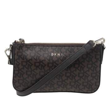 Pre Owned DKNY Dark Brown Coated Canvas And Leather Zip Crossbody Bag