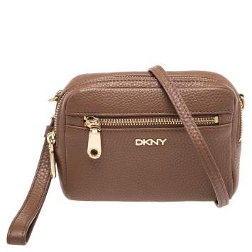 Pre Owned Dkny Brown Grained Leather Front Pocket Camera Bag