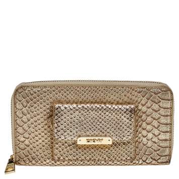 Pre Owned DKNY Metallic Gold Python Embossed Leather Zip Around Wallet