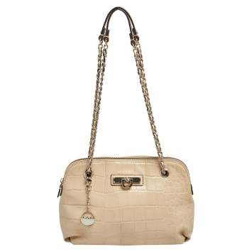 Pre Owned DKNY Beige Croc Embossed Leather Chain Shoulder Bag