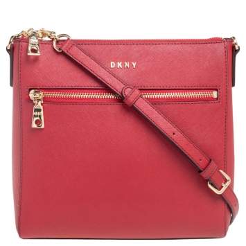 Pre Owned DKNY Red Saffiano Leather Top-Zip Crossbody Bag