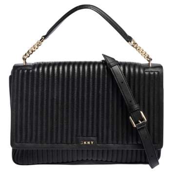 Pre Owned  DKNY Black Pinstripe Quilted Leather Large Gansevoort Flap Shoulder Bag 