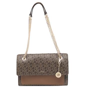 Pre Owned DKNY Beige/Brown Signature Coated Canvas and Leather Flap Chain Bag