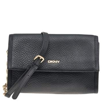Pre Owned DKNY Black Leather Flap Crossbody Bag