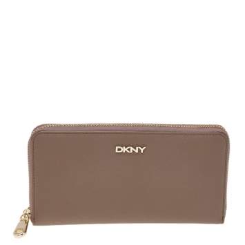 Pre Owned DKNY Dark Beige Saffiano Leather Bryant Park Zip Around Wallet