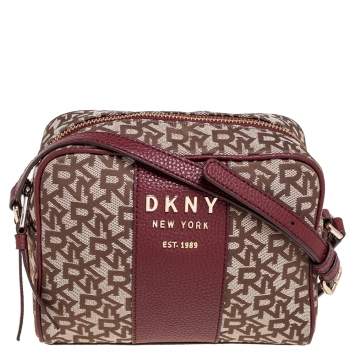 Pre Owned DKNY Burgundy/Beige Signature Canvas And Leather Noho Shoulder Bag