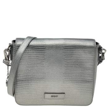 Pre Owned DKNY Metallic Dark Grey Lizard Embossed Leather Crossbody Bag