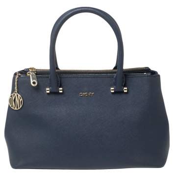 Pre Owned DKNY Navy Blue Saffiano Leather Double Zip Tote
