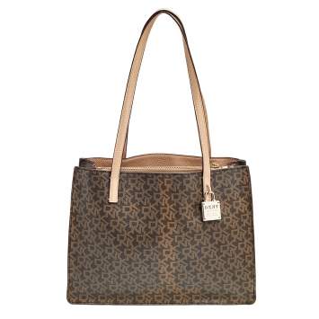 Pre Owned DKNY Brown/Beige Signature Coated Canvas and Leather Tote